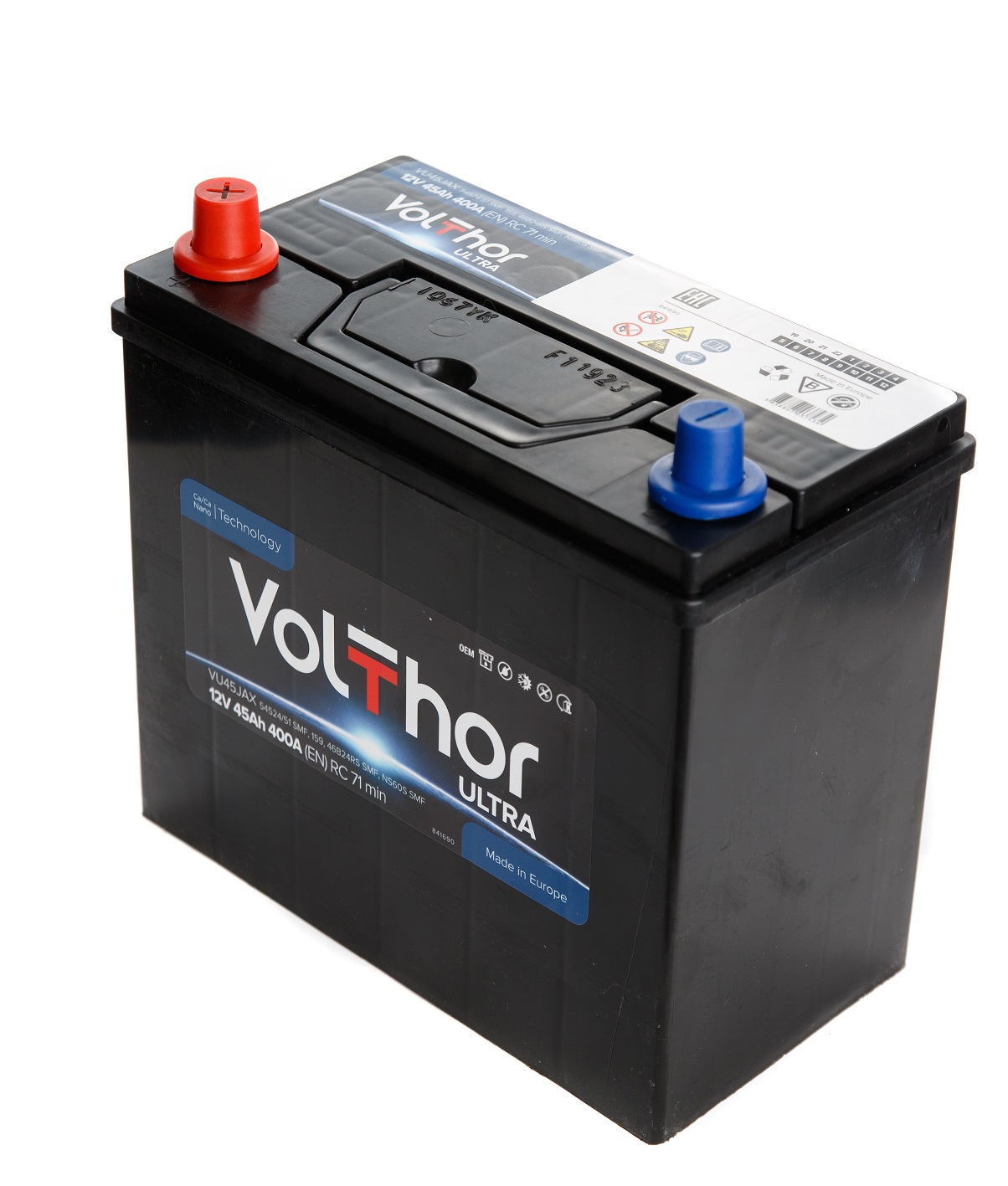 Акумулятор легковий VOLTHOR 6СТ-45(0) JIS (360А) ULTRA 12B, 45Ah, 360A, плюс праворуч (R+) кальцієвий (Ca/Ca) 236X131X205(225) мм (301246)